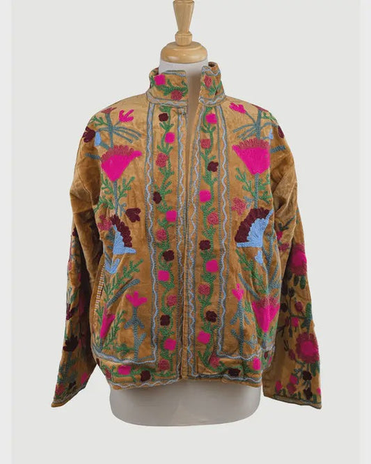 Gold & Fuchsia Velvet Suzani Kimono Embroidered Boho Jacket - Precious Sparkle