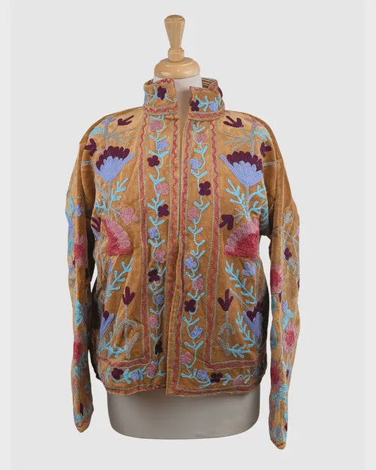 Gold & Lilac Velvet Suzani Kimono Embroidered Boho Jacket - Precious Sparkle