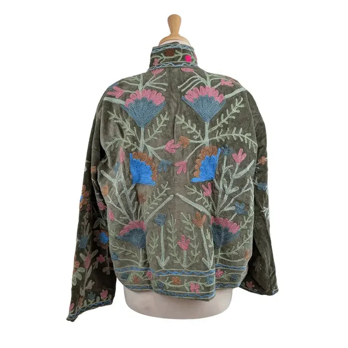 Green & Lilac Velvet Suzani Kimono Embroidered Boho Jacket - Precious Sparkle