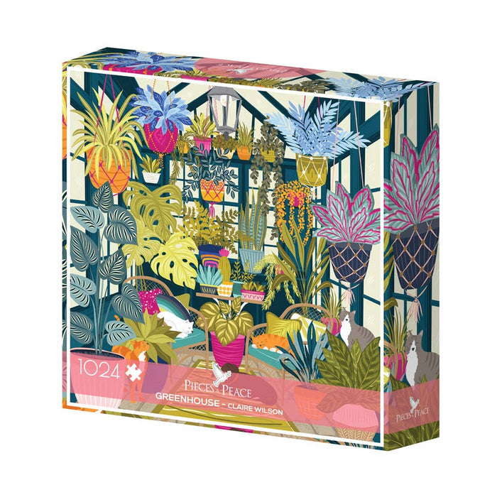 The Greenhouse | 1,000 Piece Jigsaw Puzzle by Pieces & Peace features an illustrated greenhouse filled with colorful potted plants and greenery; designed by Claire Wilson and made in France.