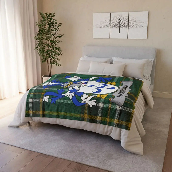 Elegant Green and Blue Plaid Blanket with Crest Design