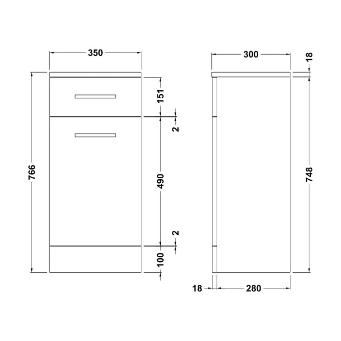 [BFOR153] Hamstall Floor Standing Bathroom Laundry Basket, 350mm, Gloss White, Choice of Size - Technical Drawing