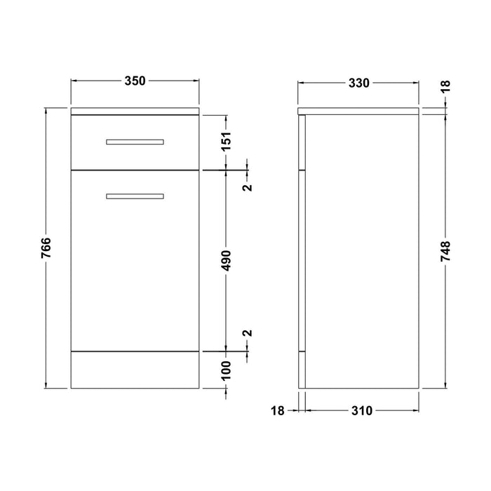 [BFOR154] Hamstall Floor Standing Bathroom Laundry Basket, 350mm, Gloss White, Choice of Size - Technical Drawing