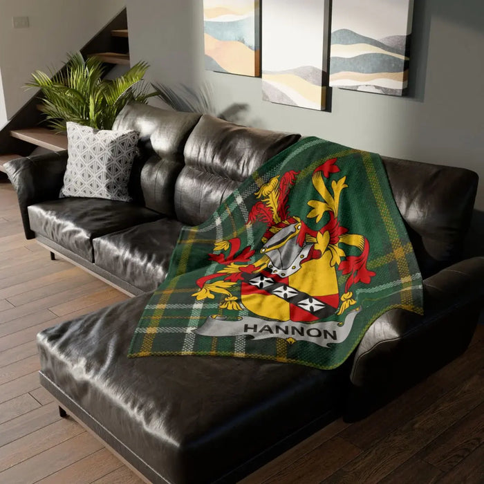Hannon Family Crest Green Tartan Plaid Blanket