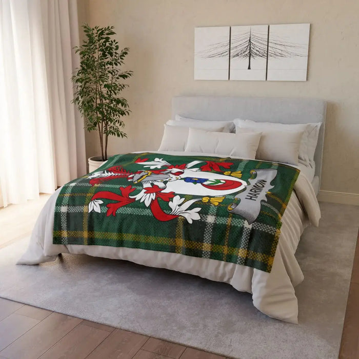 Personalized Crest Blanket with Green Plaid Pattern