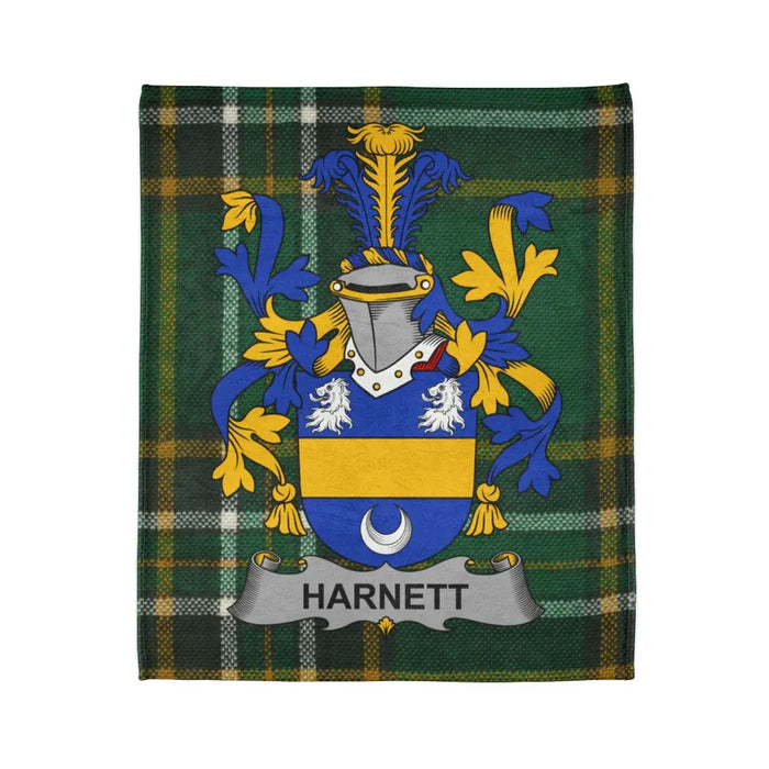 Harnett Family Crest with Tartan Background Blanket