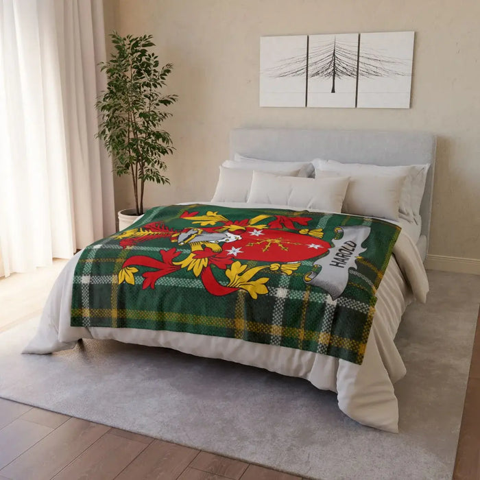 Custom Family Crest Green Tartan Blanket Harold