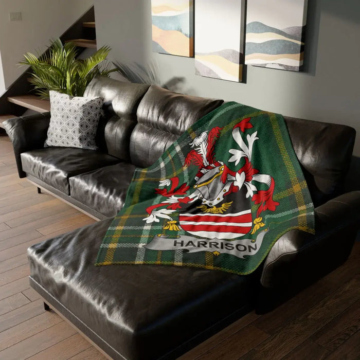 Harrison Family Crest Plaid Blanket Home Decor Item