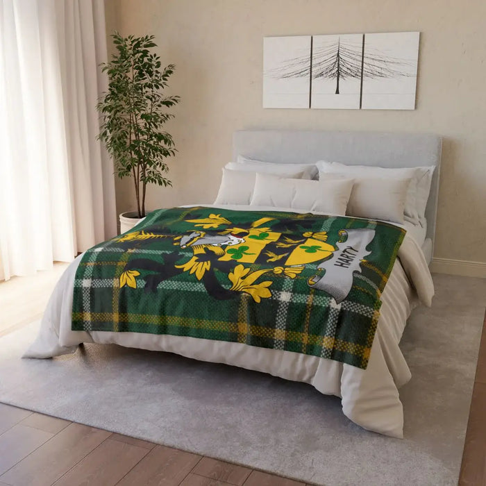 Cozy Green Plaid Blanket with Family Crest Design