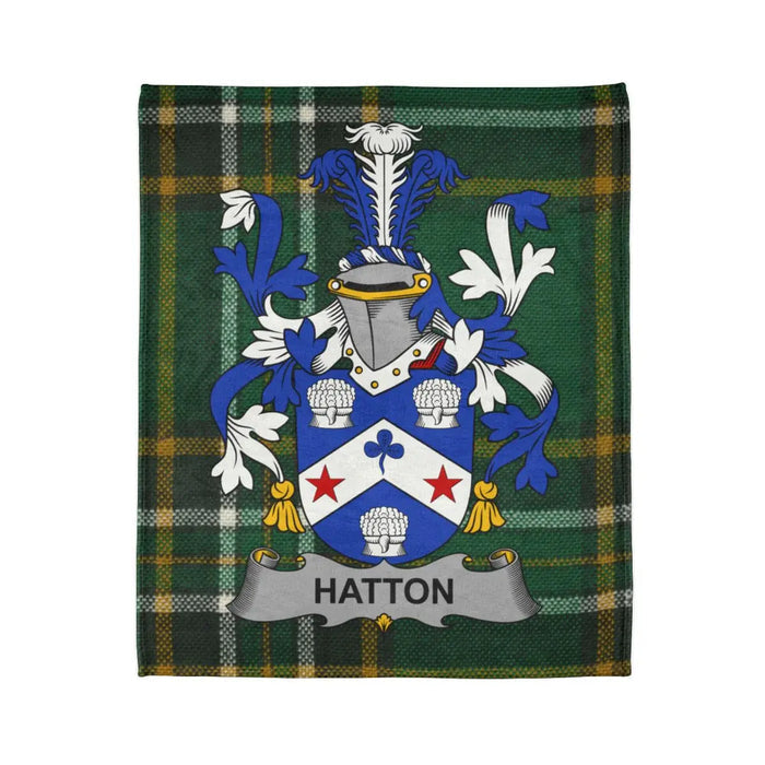 Hatton Family Crest Design on Tartan Background Blanket