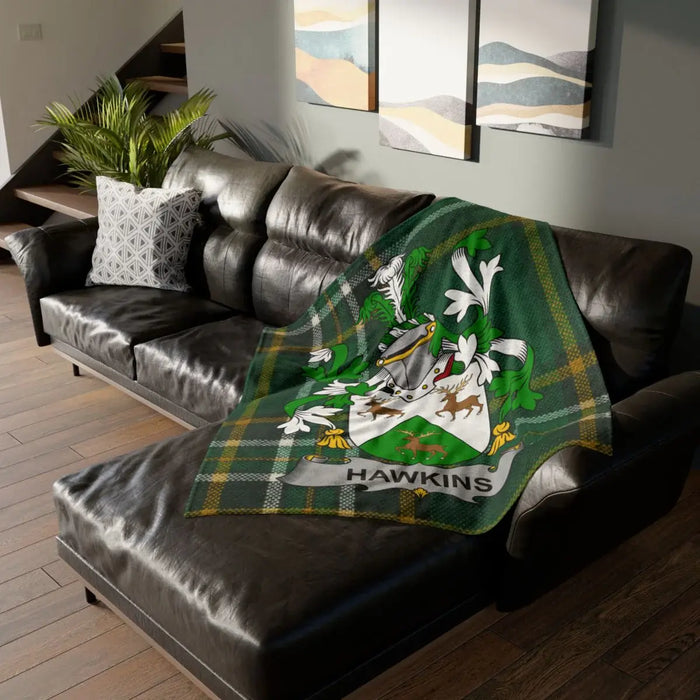 Personalized Hawkins Family Crest Green Tartan Blanket