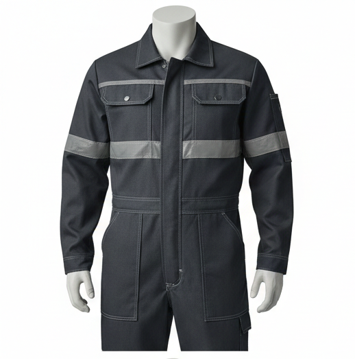 Black work jumpsuit with reflective stripes shown from multiple angles on a white background.