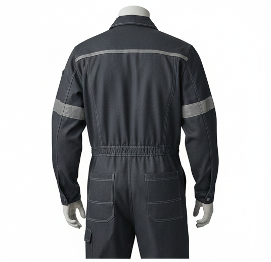 Black work jumpsuit with reflective stripes shown from multiple angles on a white background