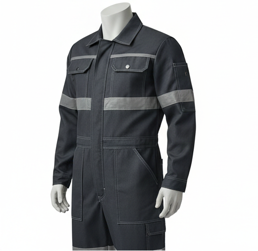 Black work jumpsuit with reflective stripes shown from multiple angles on a white background