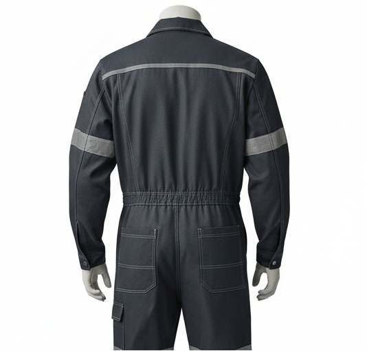 Black work jumpsuit with reflective stripes shown from multiple angles on a white background.