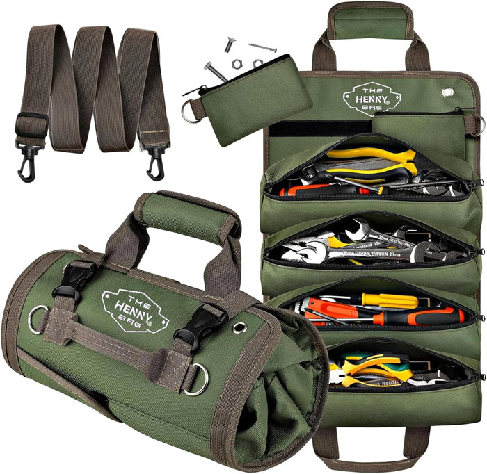 Heavy Duty Tool Roll Organizer Bag – Waxed Oxford Roll Up Tool Bag with YKK Zippers & Detachable Pouches (Green)