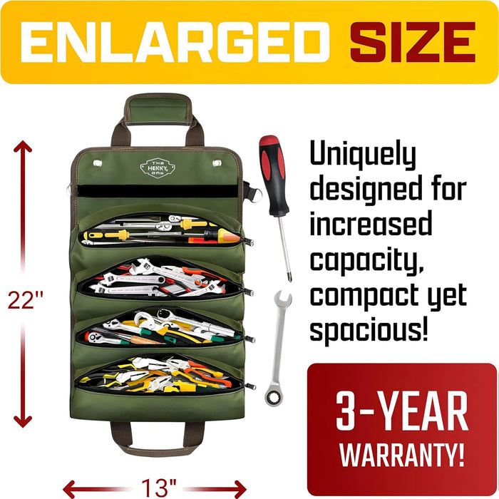 Heavy Duty Tool Roll Organizer Bag – Waxed Oxford Roll Up Tool Bag with YKK Zippers & Detachable Pouches (Green)