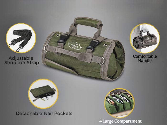 Heavy Duty Tool Roll Organizer Bag – Waxed Oxford Roll Up Tool Bag with YKK Zippers & Detachable Pouches (Green)