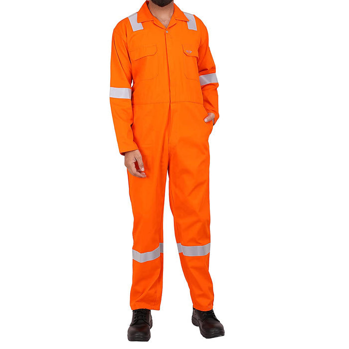 High-Visibility Orange Cotton Boiler Suit with Reflective Tape