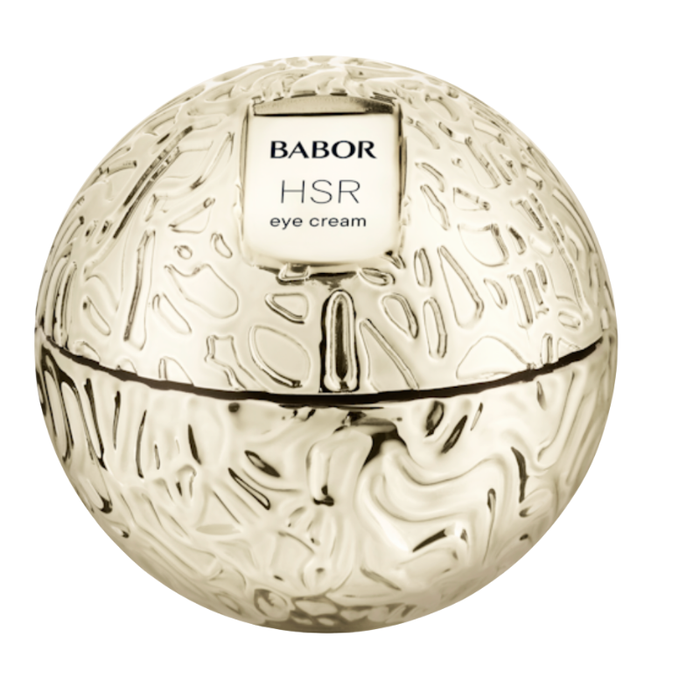 BABOR HSR Eye Cream in luxuriösem, kugelförmigem goldenen Tiegel mit strukturierter Oberfläche, hochwertige Anti-Aging Augencreme für eine glattere, straffere Augenpartie und sichtbar reduzierte Fältchen.