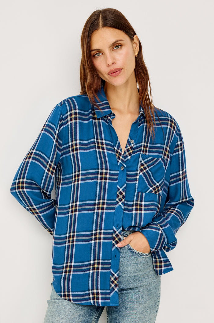Hunter Button-Up Shirt in Signature Rayon With Collar, Front Buttons, Chest Patch Pocket, and Long Sleeves in Azure Pinot Plaid Colorway - Upper Body Front View Featured on Model
