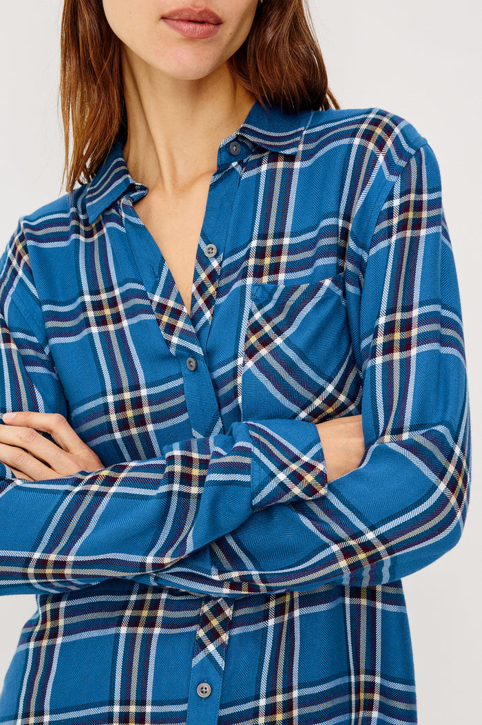 Hunter Button-Up Shirt in Signature Rayon With Collar, Front Buttons, Chest Patch Pocket, and Long Sleeves in Azure Pinot Plaid Colorway - Upper Body Front View Featured on Model