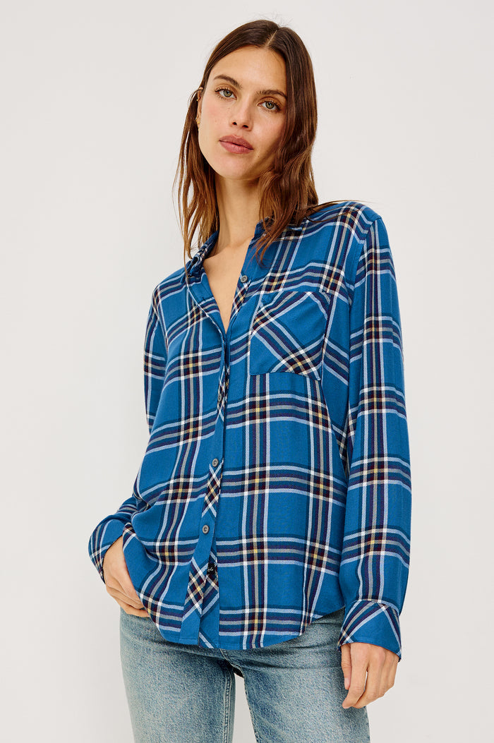 Hunter Button-Up Shirt in Signature Rayon With Collar, Front Buttons, Chest Patch Pocket, and Long Sleeves in Azure Pinot Plaid Colorway - Upper Body Front View Featured on Model