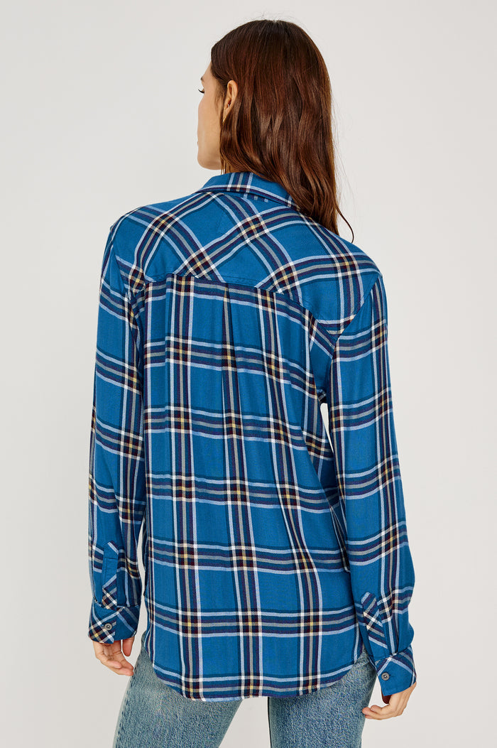 Hunter Button-Up Shirt in Signature Rayon With Collar, Front Buttons, Chest Patch Pocket, and Long Sleeves in Azure Pinot Plaid Colorway - Upper Body Back View Featured on Model