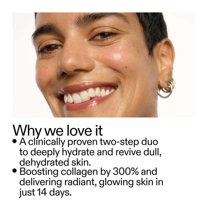 Woman's face with a smile, showing skin improvement, and text about skincare benefits.