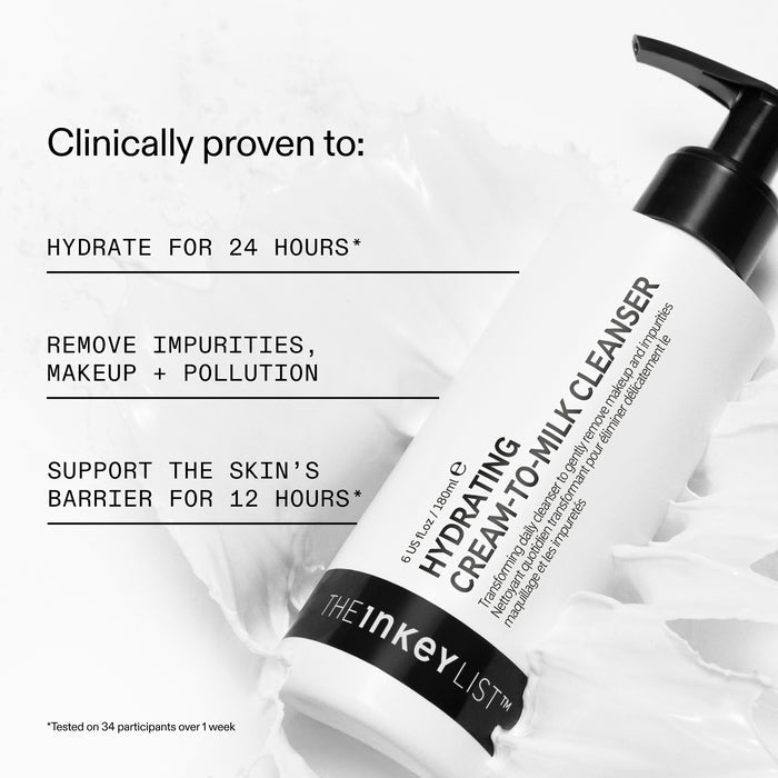"Clinically proven to: Hydrate for 24 hours*, Remove impurities, makeup + pollution, Support the skin’s barrier for 12 hours*." "Tested on 34 participants over 1 week."