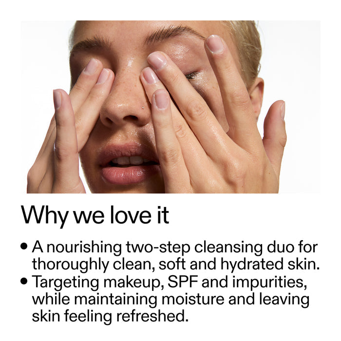 Person holding hands to face with text about a two-step cleansing duo for skin care.