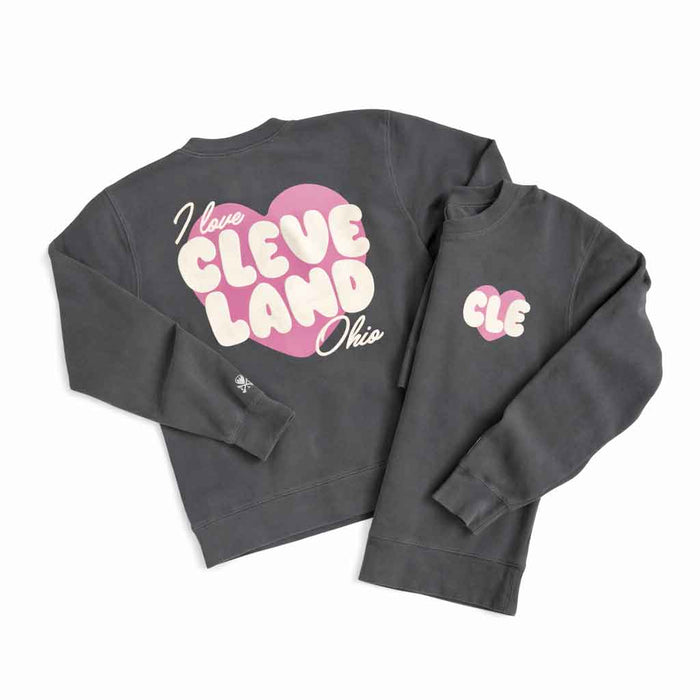 Gray sweatshirt with 'I love Cleveland, Ohio' text on a white background