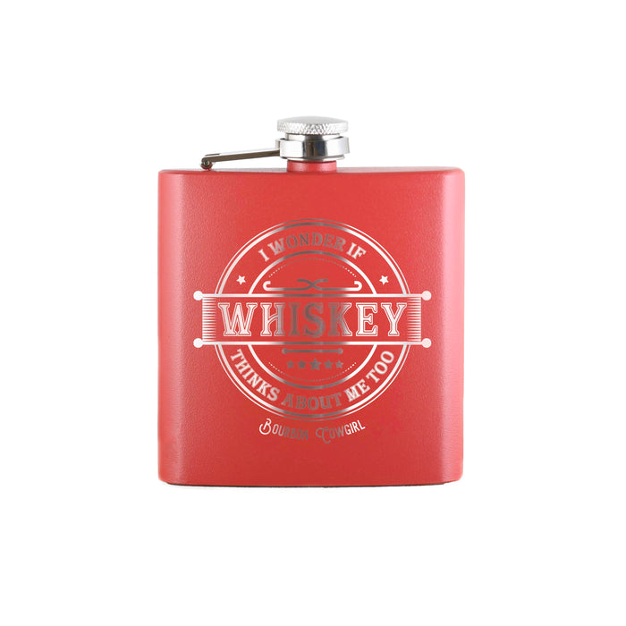 Red whiskey flask with Whiskey text