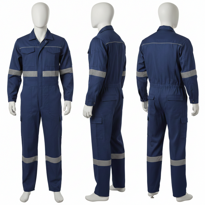Blue coverall with reflective stripes on a white background