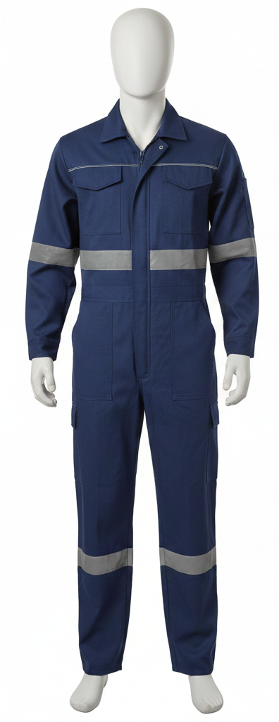 Blue coverall with reflective stripes on a white background