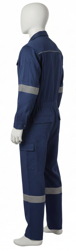 Blue coverall with reflective stripes on a white background