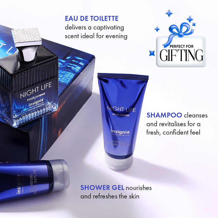 Insignia Night Life Exclusive Collection 3-Piece Gift Set –  Eau De Toilette, Shower Gel & Shampoo 100ml Each