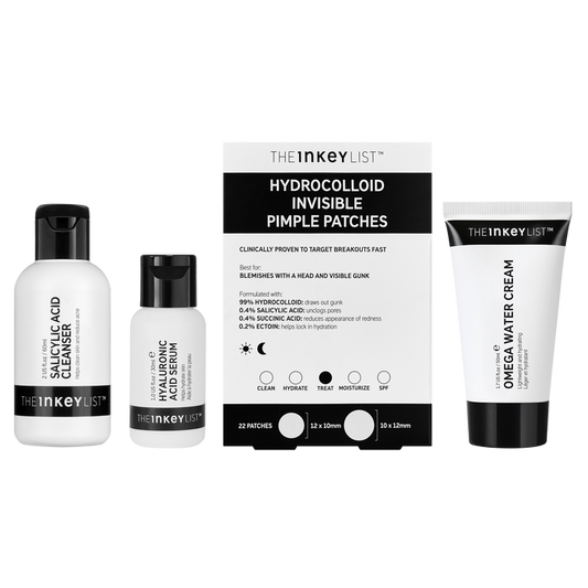 Collection of The Inkey List skincare products including cleanser, serum, patches, and cream on a white background.