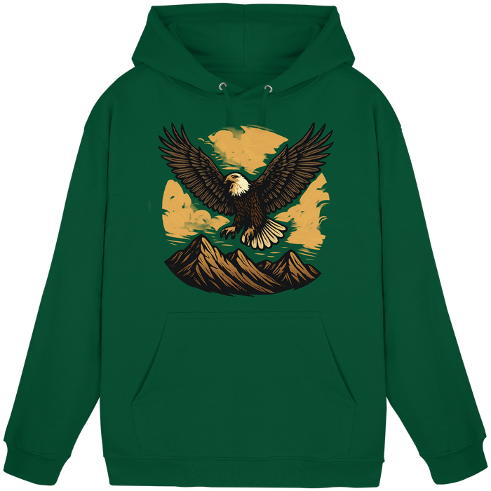 Front view of Arvenzo Iron Wing hoodie in bottle green, unisex design with a simple Iron Wing graphic on the chest.