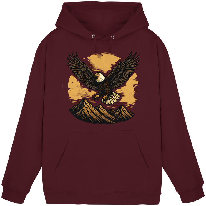 Front view of burgundy Iron Wing hoodie by Arvenzo, featuring a basic unisex design with a hood and front pocket.