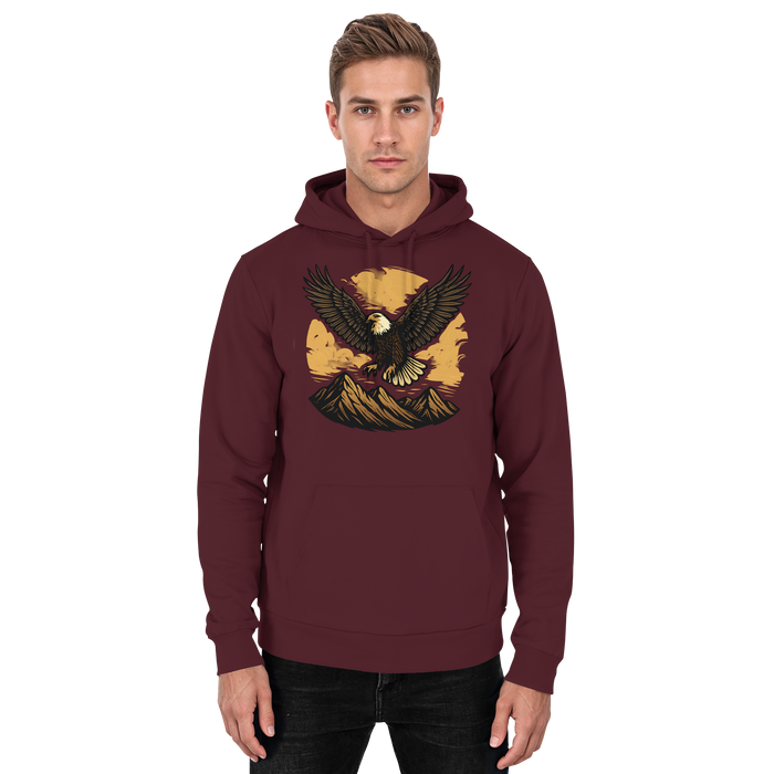 Front view of burgundy Arvenzo Iron Wing hoodie, a unisex casual hoodie with a minimalist design and iron wing graphic.