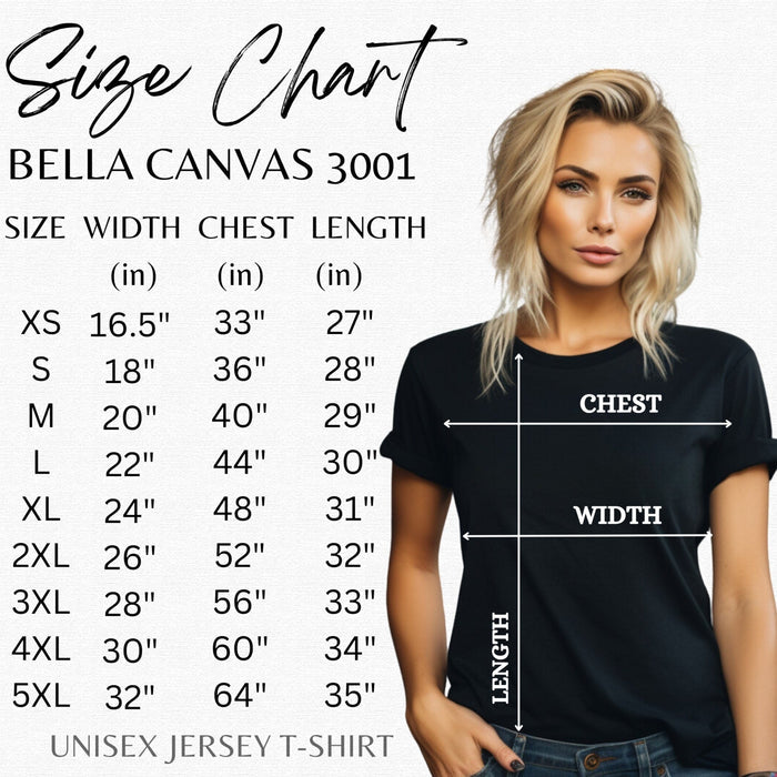 Bella Canvas 3001 size chart for unisex t-shirt