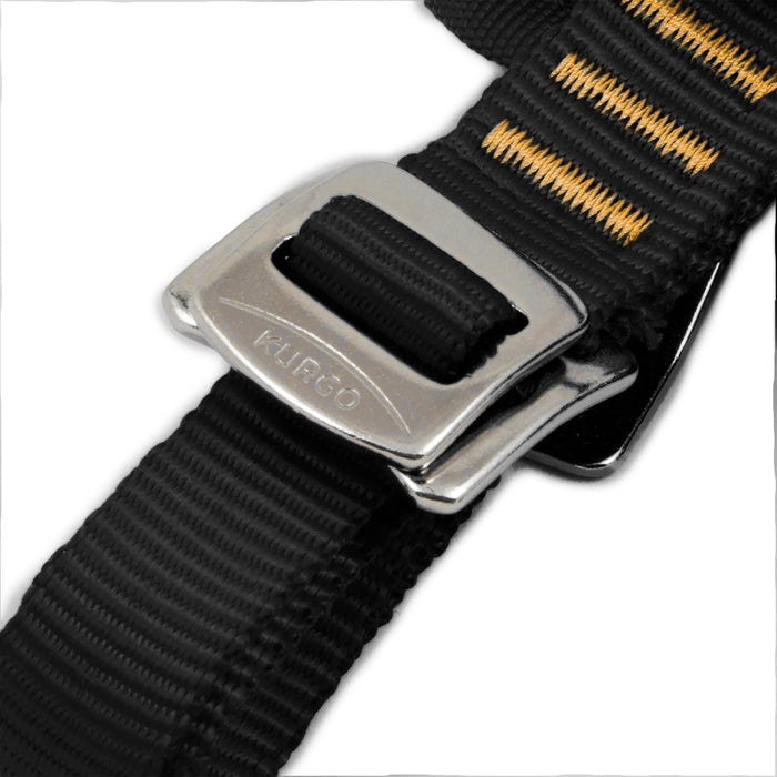 Close-up of the Kurgo all-steel buckle on black webbing