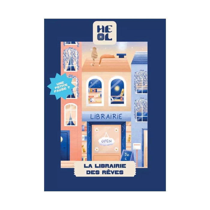 Illustration of a pastel bookstore with LIBRAIRIE and OPEN signs, blue border, and "LA LIBRAIRIE DES RÊVES"—the perfect French-made 99 piece jigsaw puzzle for dreamers by Heol Editions.