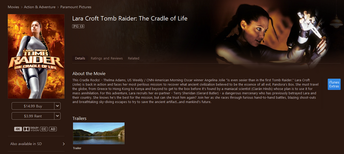 Lara Croft Tomb Raider: The Cradle of Life iTunes 4K Digital Code (2003)