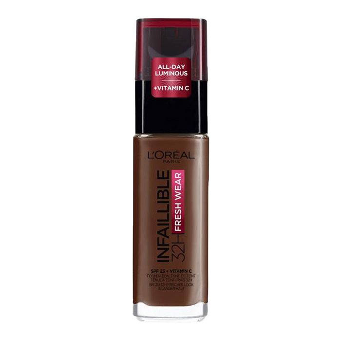 L’Oréal Infallible 32HR Fresh Wear Foundation 390 Ebony full coverage satin finish longwear Blush Fiji