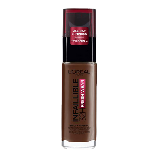 L’Oréal Infallible 32HR Fresh Wear Foundation 390 Ebony full coverage satin finish longwear Blush Fiji