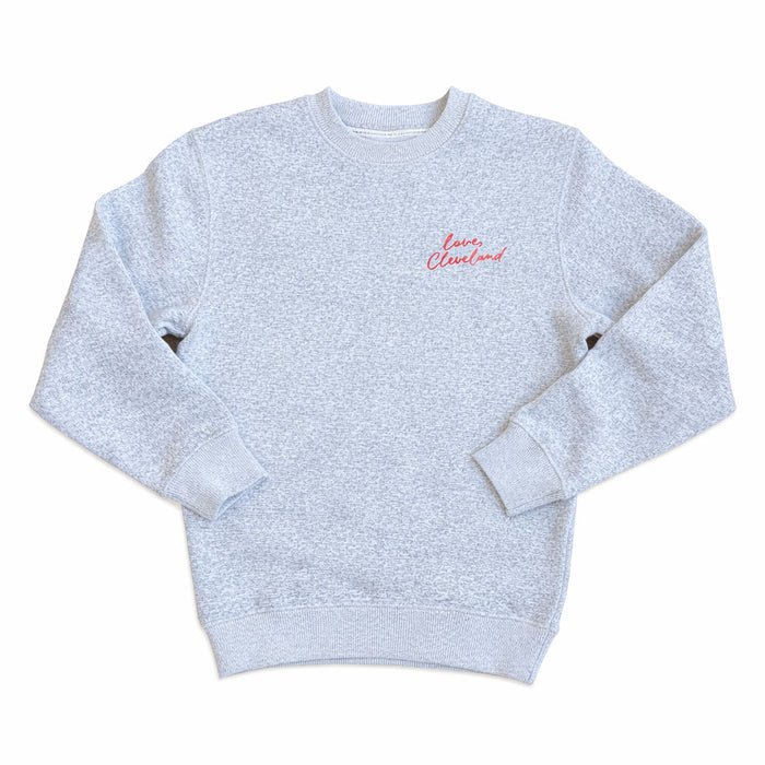 Light gray sweatshirt with 'Love Cleveland' text on a white background