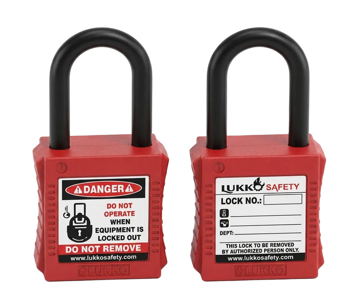 Two red safety locks with black shackle on a white background