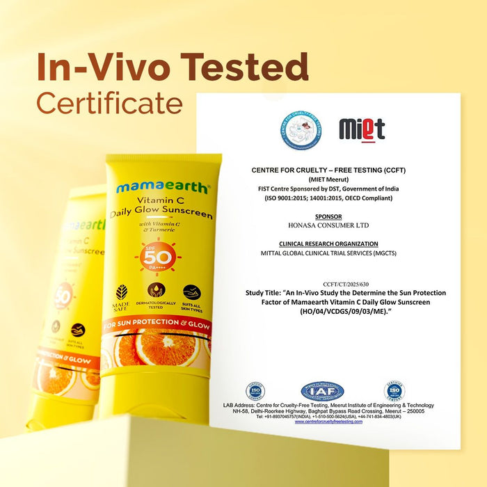 Mamaearth Vitamin C Daily Glow Sunscreen SPF 50 PA++++ – In-Vivo Tested (ISO 24444:2019 Certified, CTRI/2025/05/087276) - 50 g - Pack of 3